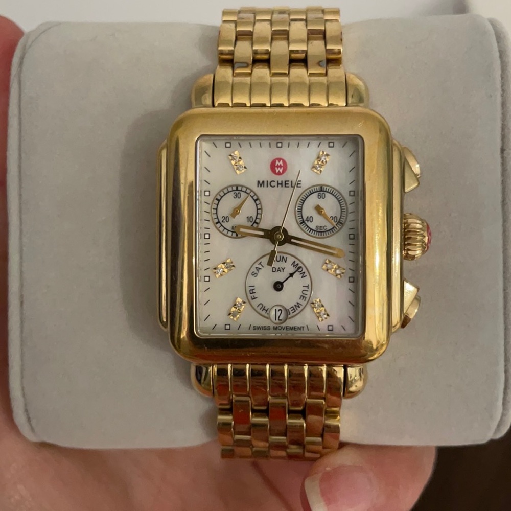 Michele Deco Diamond Dial Gold Watch
